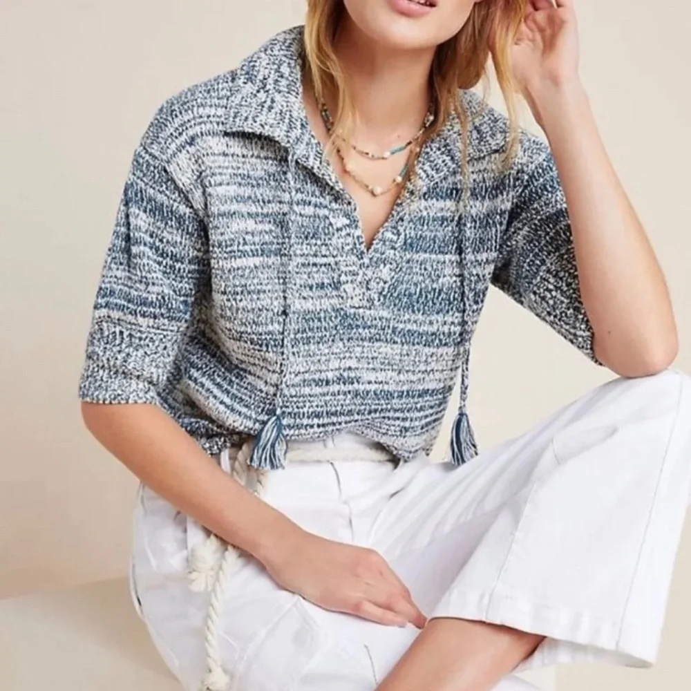 Anthropologie Carlotta Collared Marled Cotton Knit Sweater Blue Cream Size XS